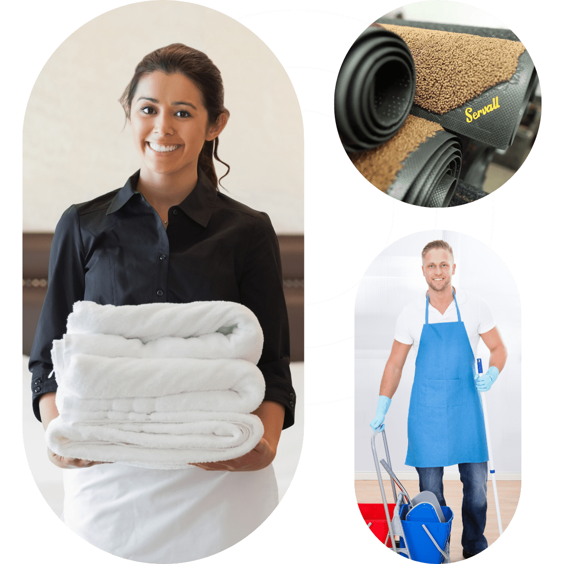 Business workers with fresh linens and janitorial staff cleaning a commercial space