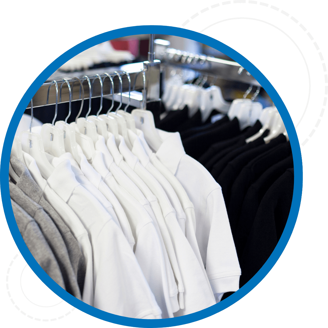 Close up of custom branded apparel on clothing racks