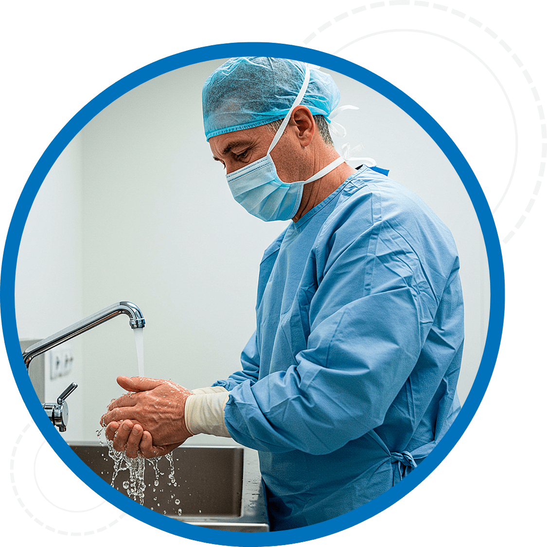 Doctor wearing scrubs, mask and a hair net washing his hands