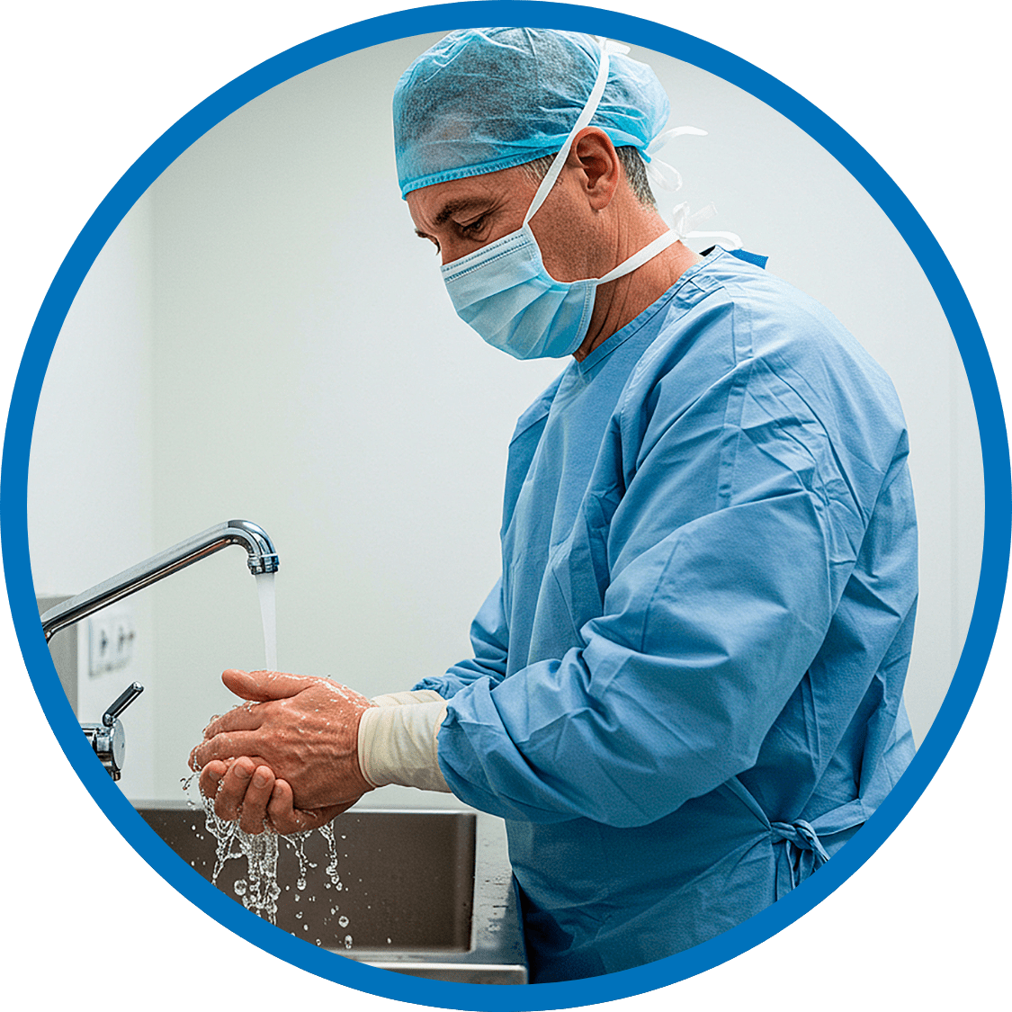 Doctor wearing scrubs, mask and a hair net washing his hands