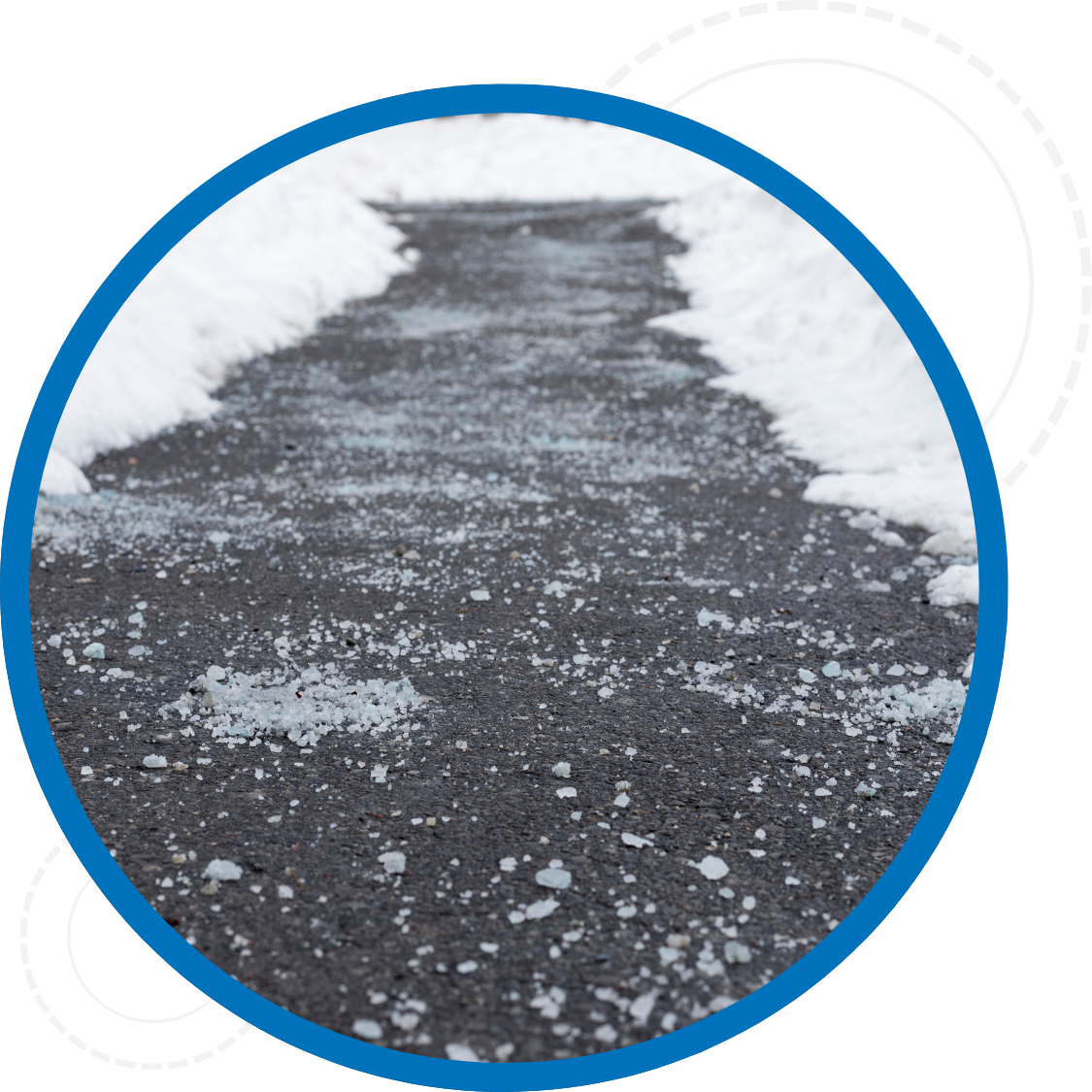 View of ice melt being used on a walk way to prevent ice build up