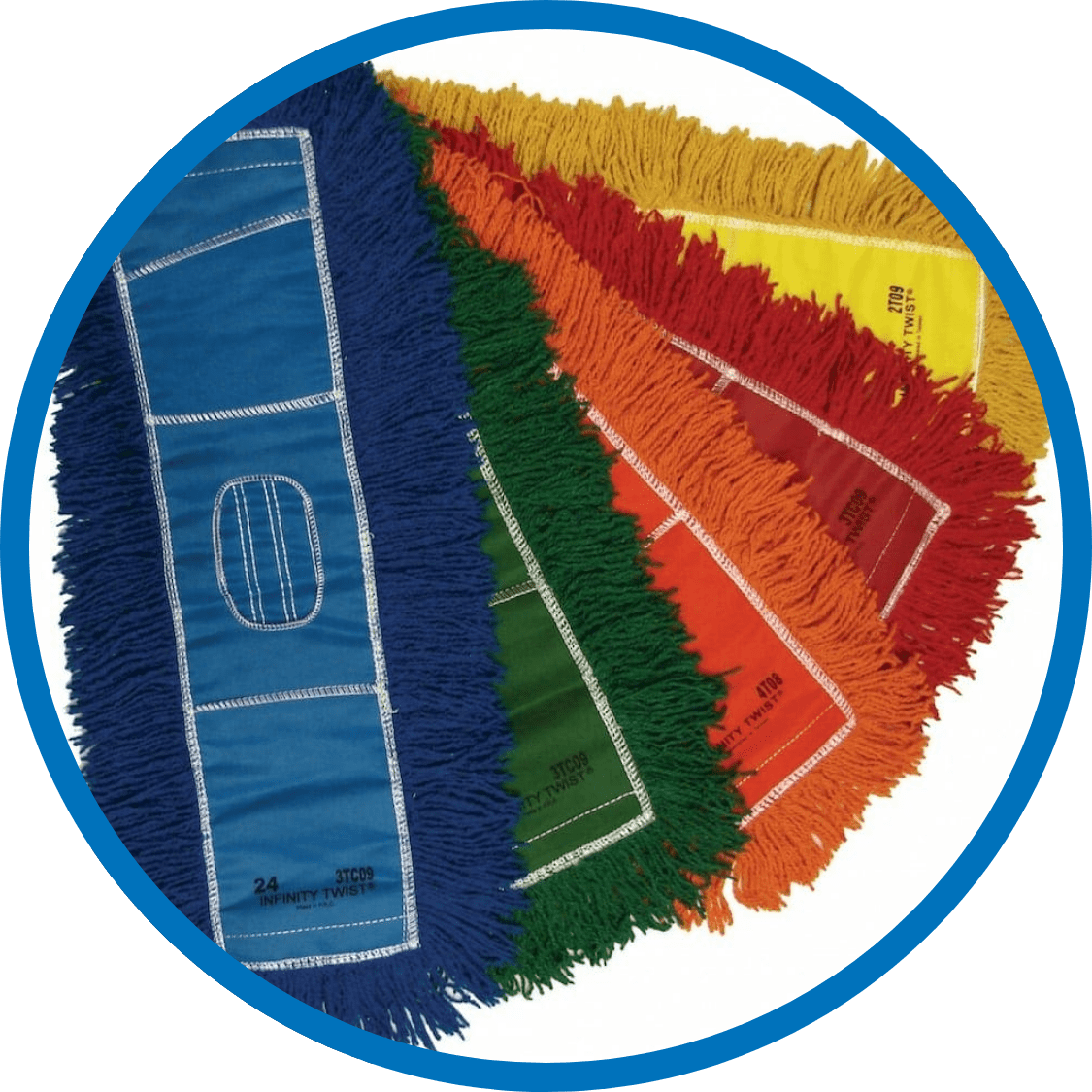 Janitorial dust mops in various colors