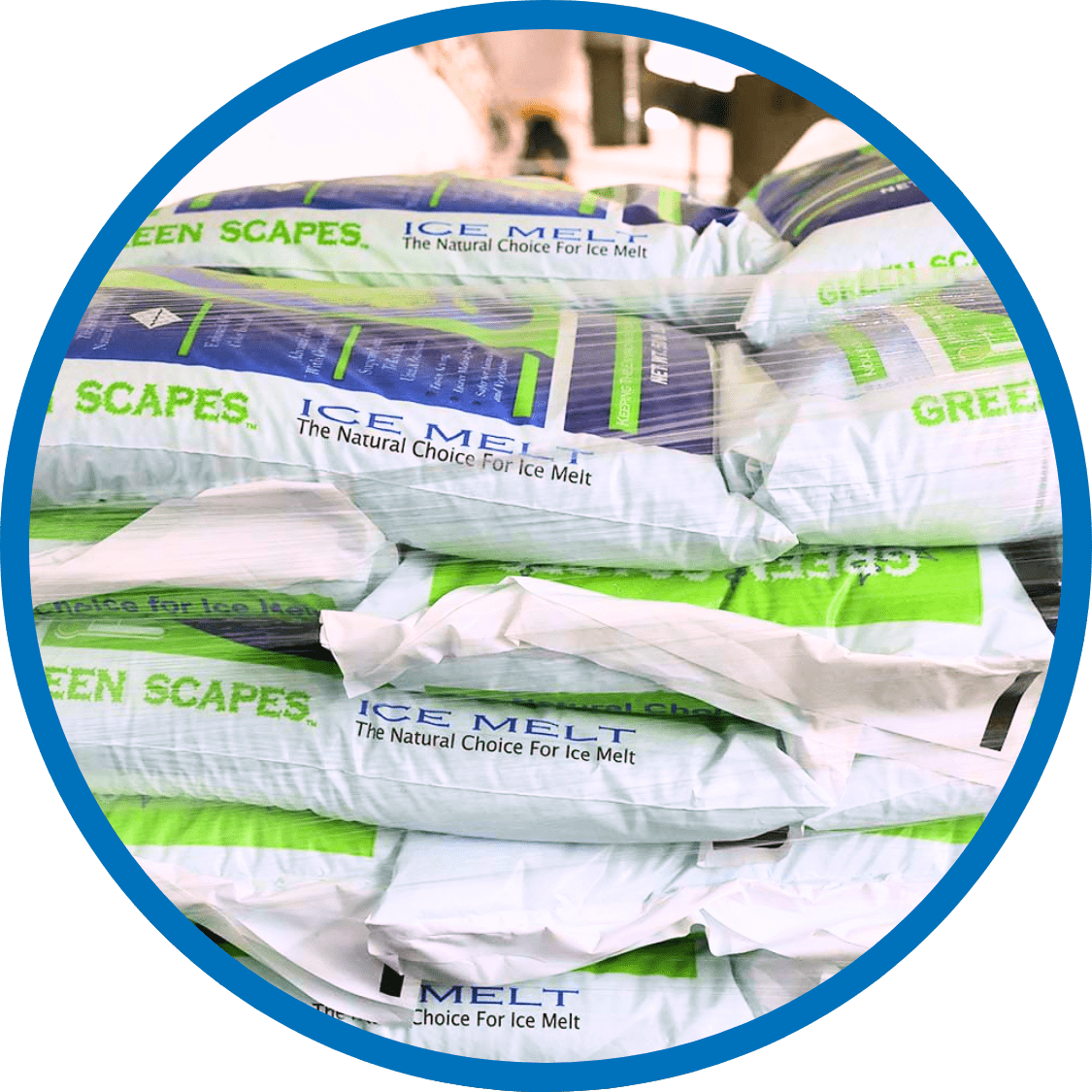 Pallet of ice melt bags prepared for delivery at Servall