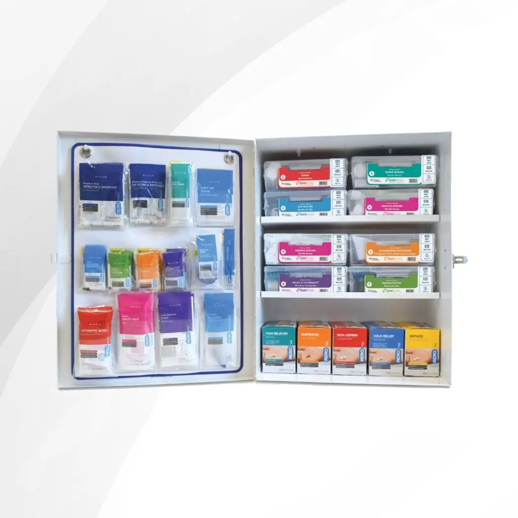 Opened first aid cabinet with sorted and organized first aid supplies