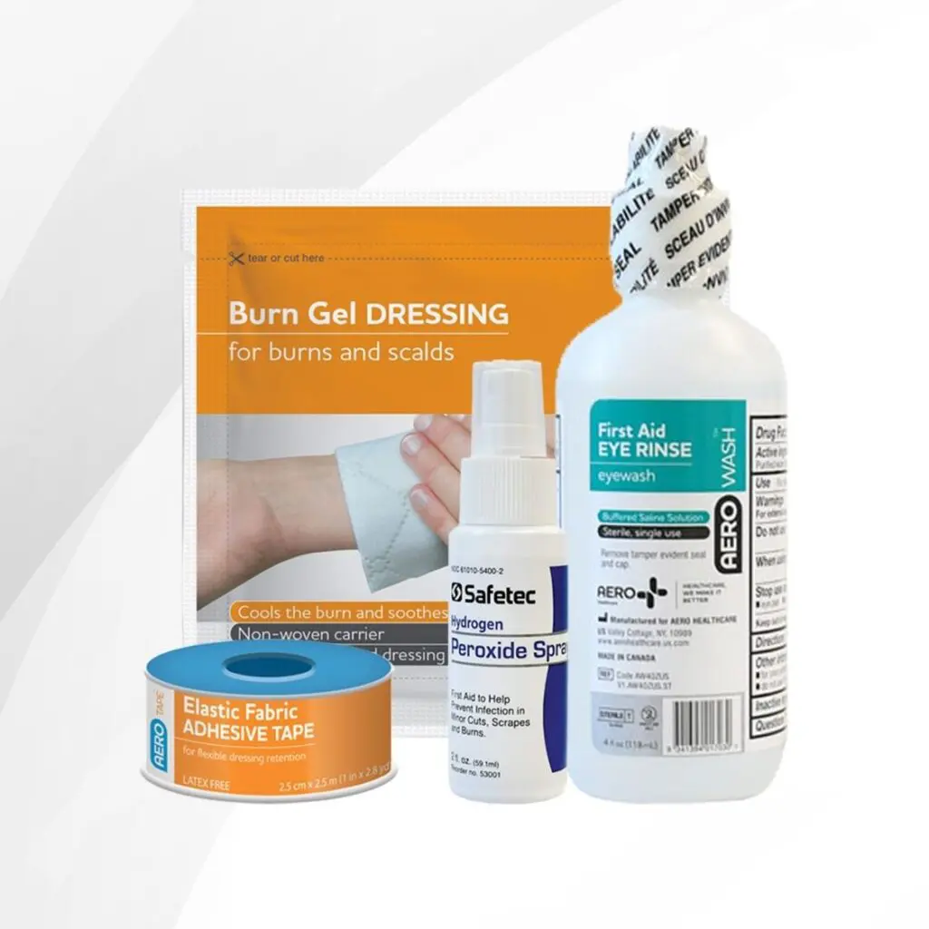 First aid supplies including elastic fabric adhesive tape, burn gel dressing, hydrogen peroxide spray and eye rinse