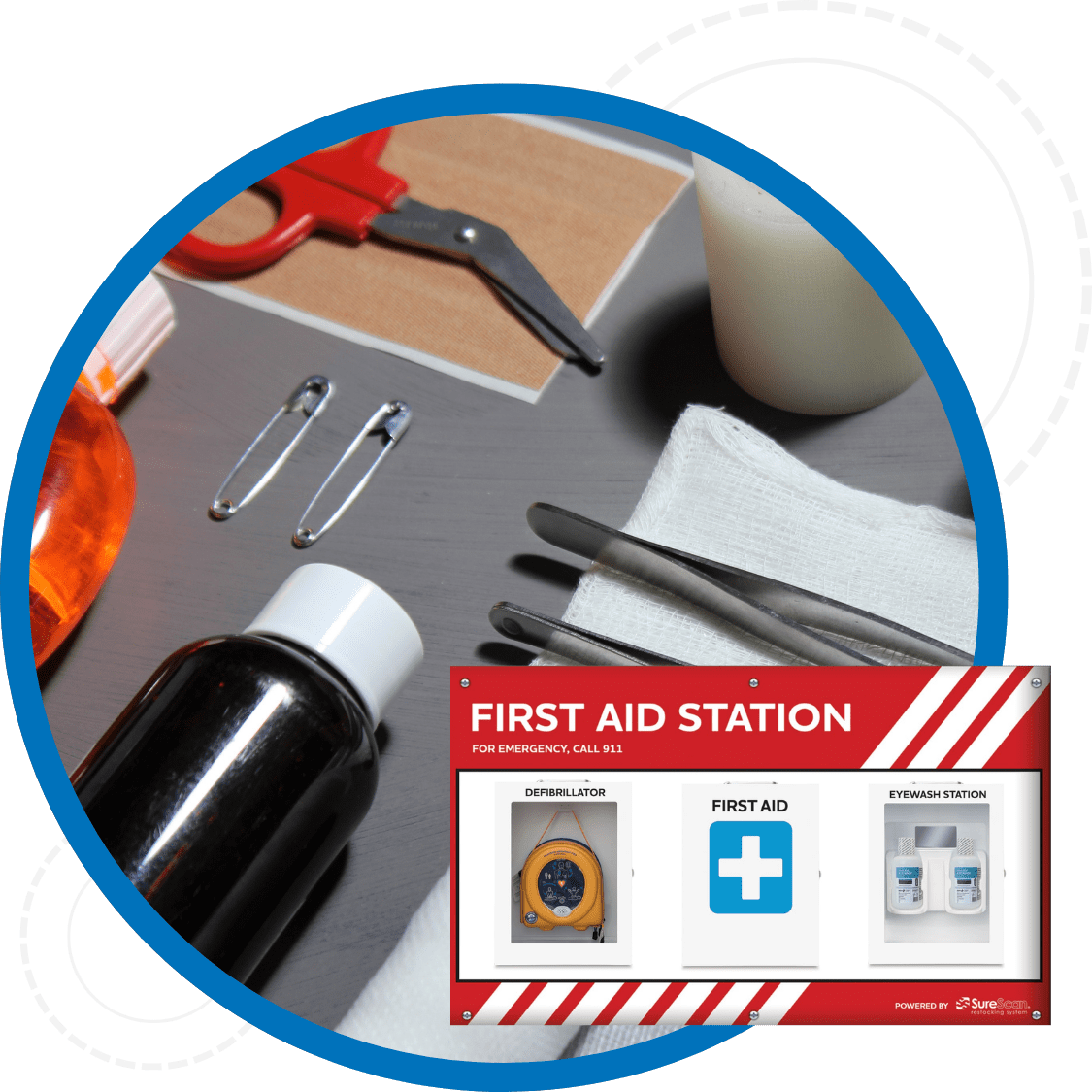 Close up of first aid supplies on a table including scissors, gauze, tweezers, safety pins.