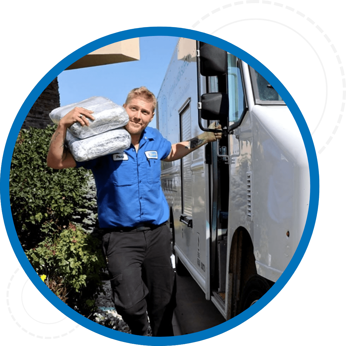 Severall employee exiting delivery van carrying uniforms on his shoulder.