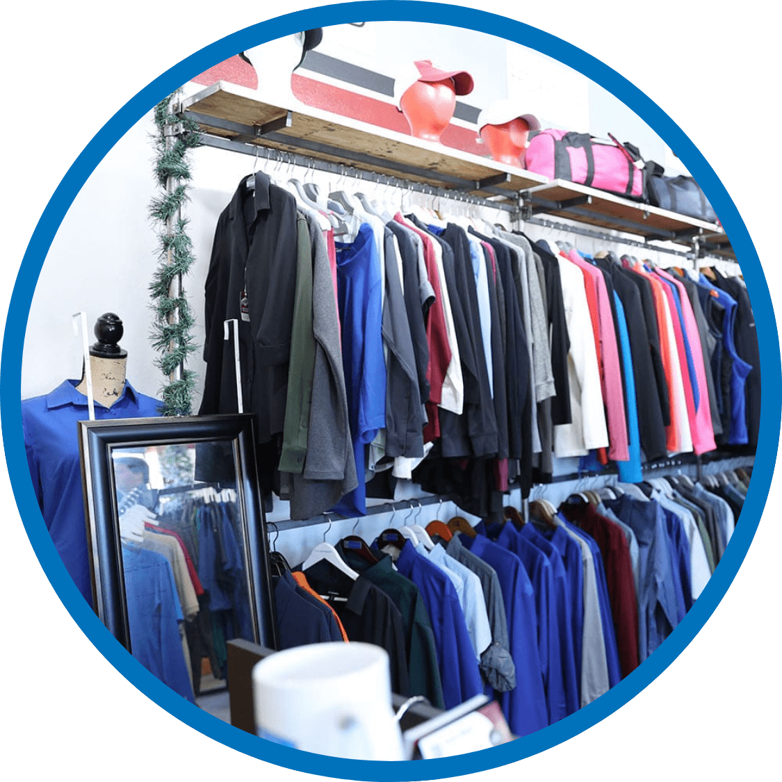 Showroom featuring customizable uniforms and branded apparel for businesses