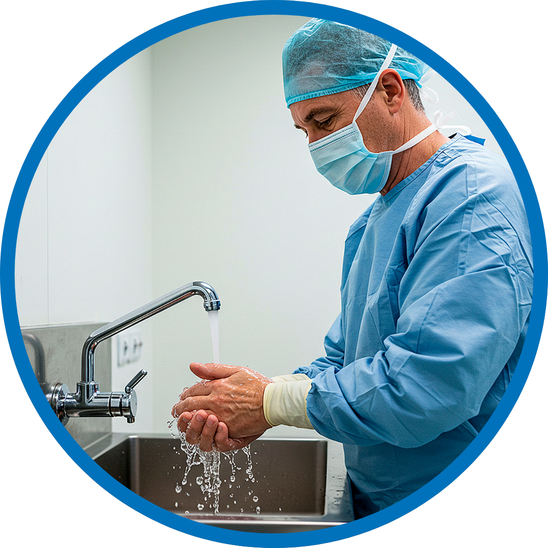 Medical staff washing before surgery with disinfectant soap