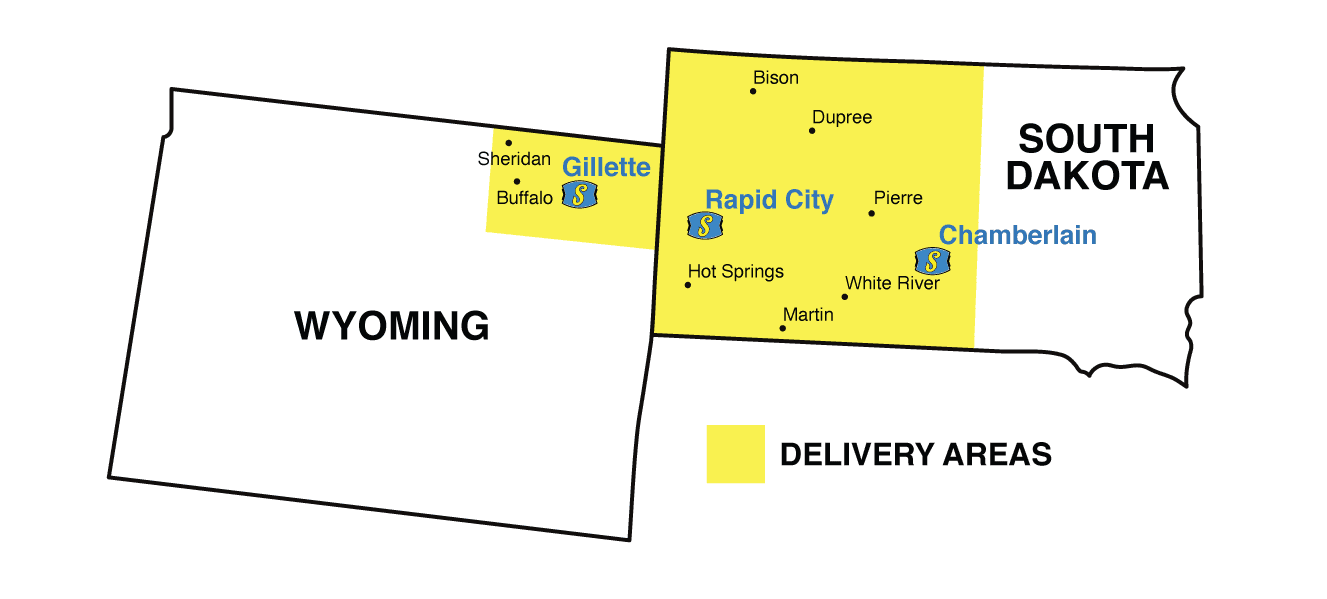 Wyoming and South Dakota map of Servall Service Areas