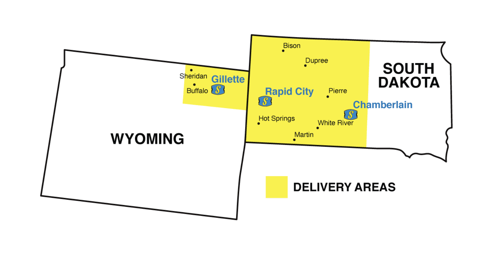 Servall Delivery Areas for Wyoming and South Dakota