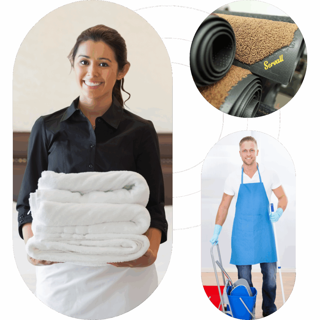 Business workers with fresh linens and janitorial staff cleaning a commercial space