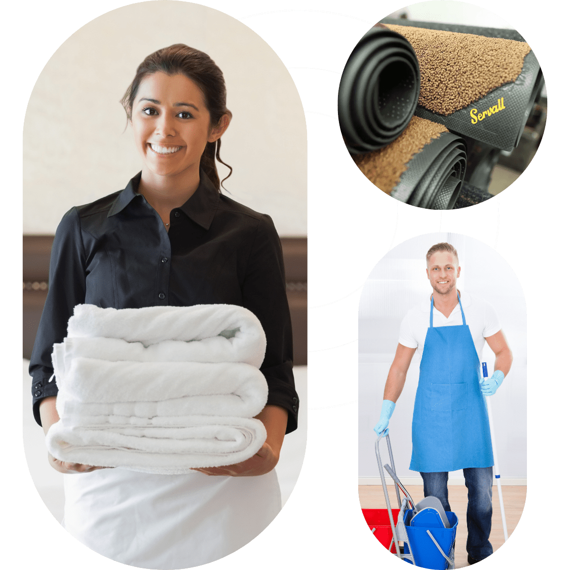 Business workers with fresh linens and janitorial staff cleaning a commercial space