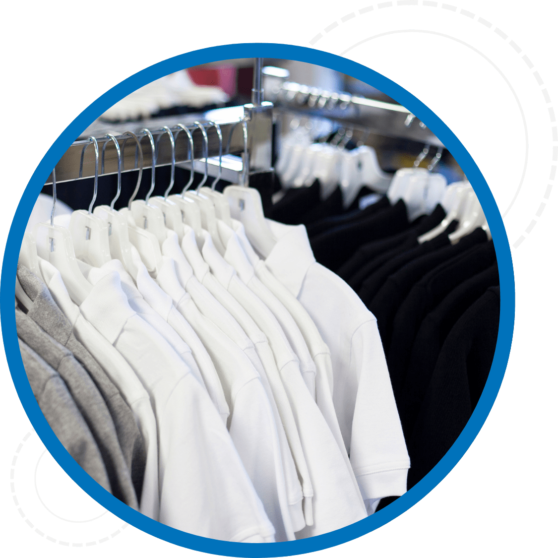Close up of custom branded apparel on clothing racks