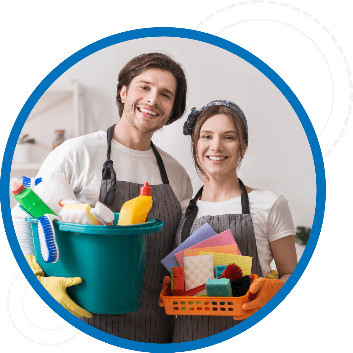 SMiling man and woman holding containers with janitorial supplies for cleaning including brushes, sponges, and cleaners