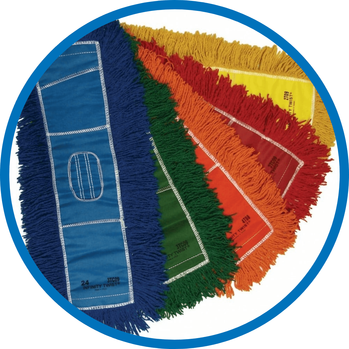Janitorial dust mops in various colors