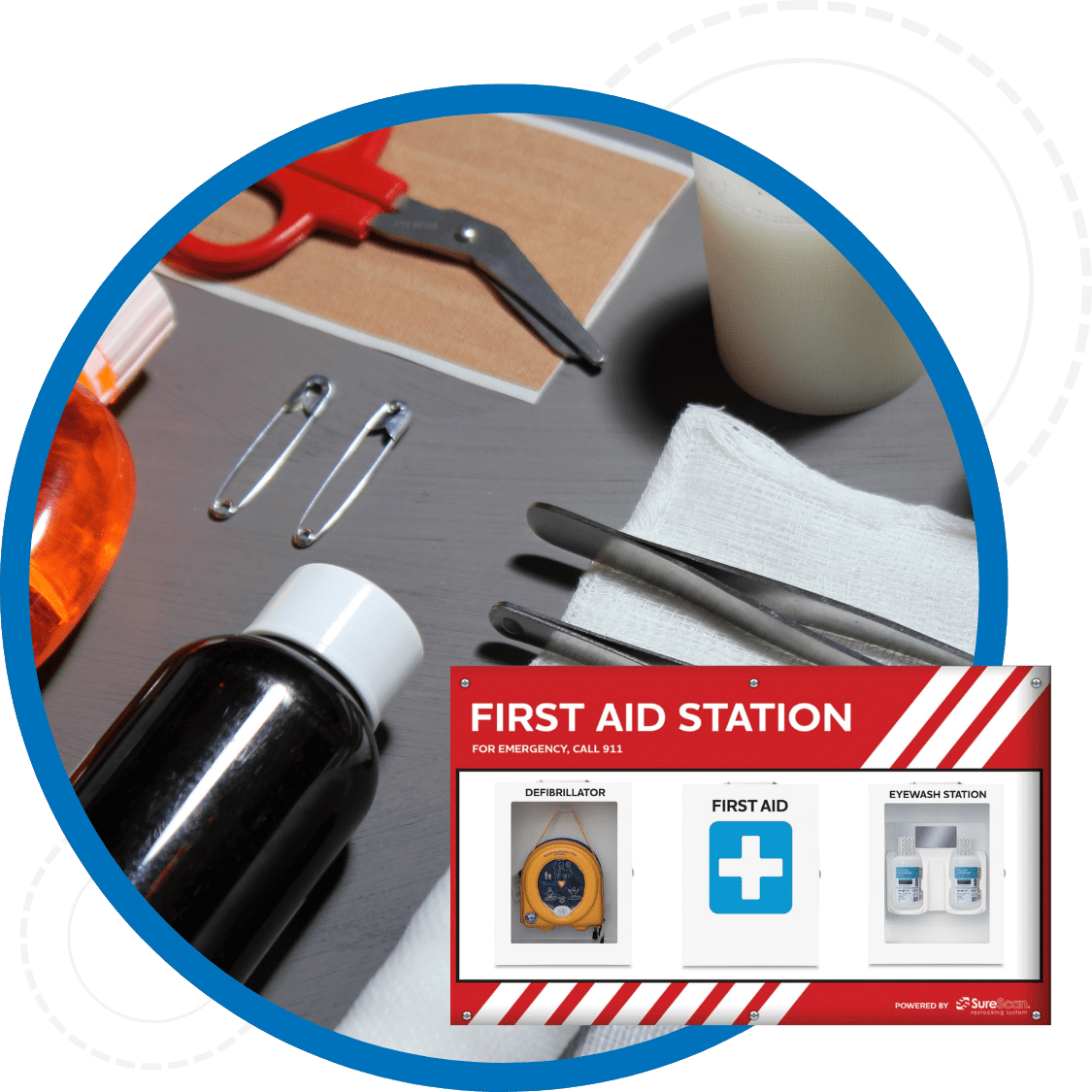 Close up of first aid supplies on a table including scissors, gauze, tweezers, safety pins.