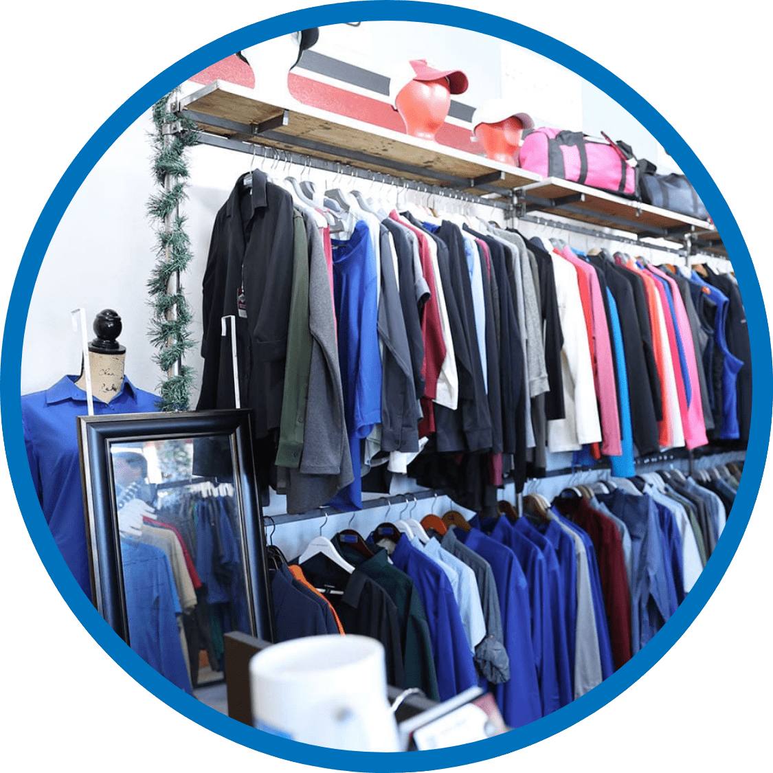 Showroom featuring customizable uniforms and branded apparel for businesses